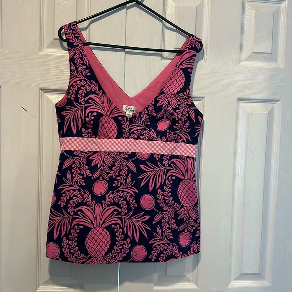Lilly Pulitzer Tank Top, size 14.  Navy/pink pineapple print.